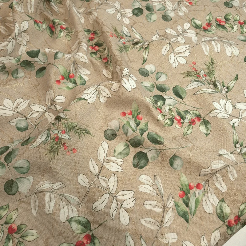 Tessuto Arredo Jacquard H 140 cm - EUCALIPTO E BACCHE/SABBIA con Lurex Oro