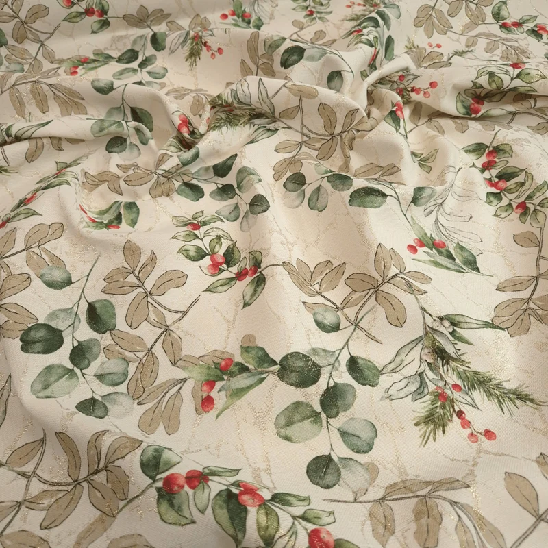 Tessuto Arredo Jacquard H 140 cm - EUCALIPTO E BACCHE/LATTE con Lurex Oro