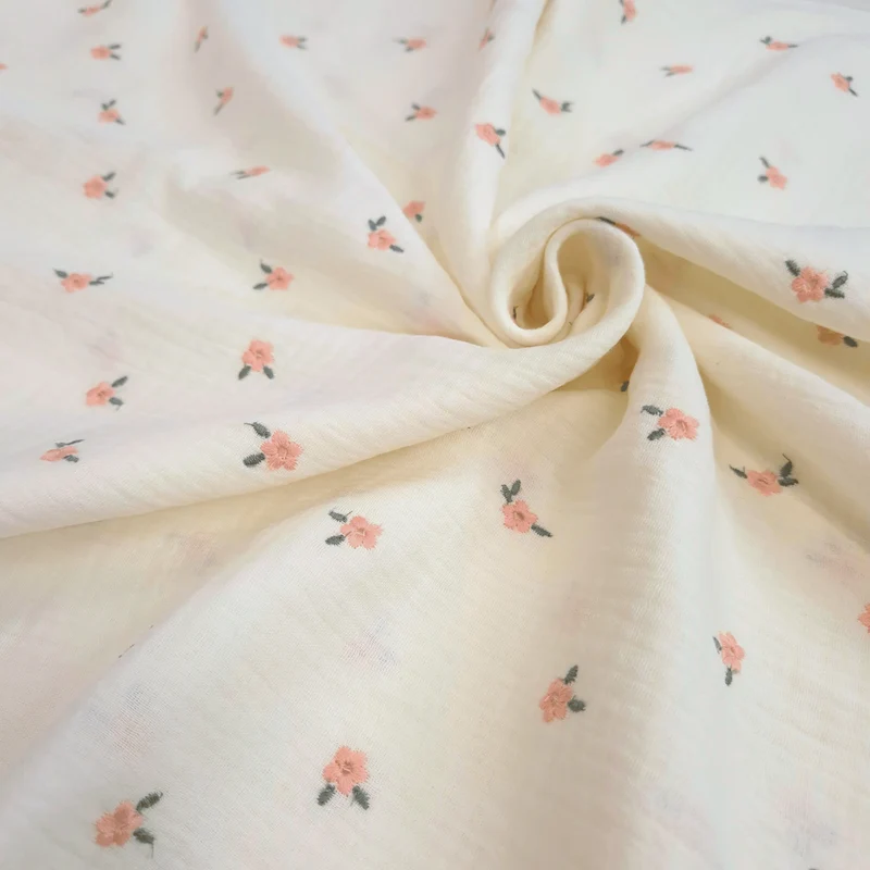 Mussola di Cotone Doppia Garza H 140 cm - FIORELLINI ROSA RICAMATI/LATTE