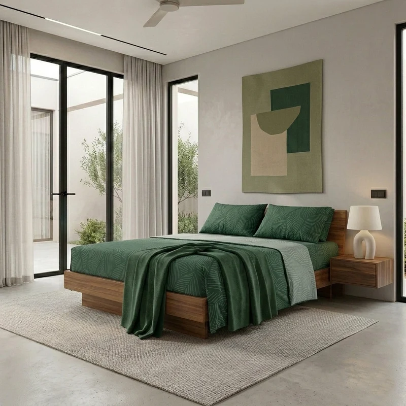 Completo Letto Matrimoniale in Cotone con Stampa Gylfe Green