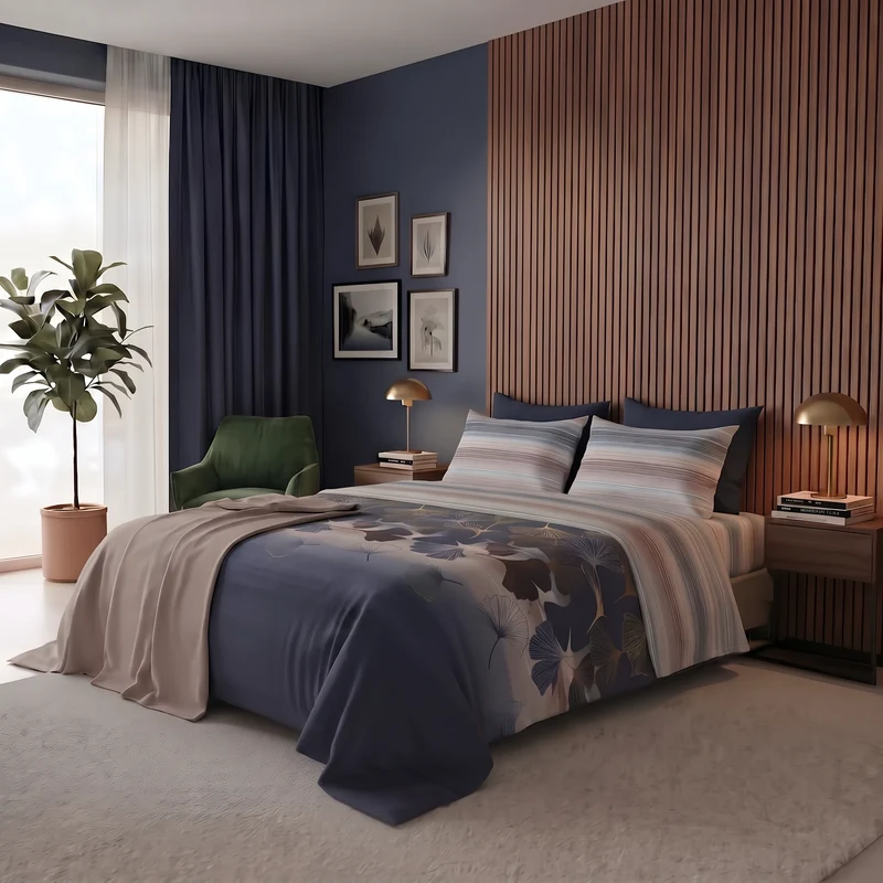 Happidea Completo Letto Matrimoniale in Cotone con Stampa 2 in 1 Gingkoadonis Blue