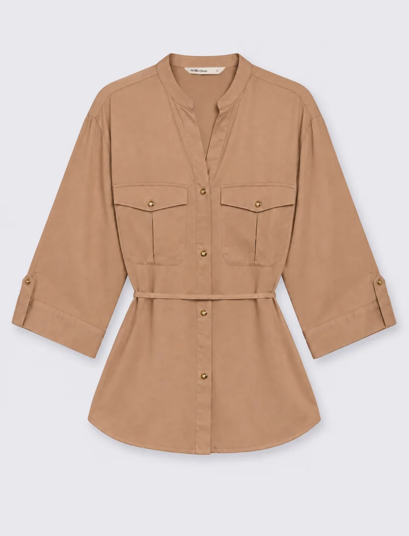 camicia manica lunga scollo a v - Cammello