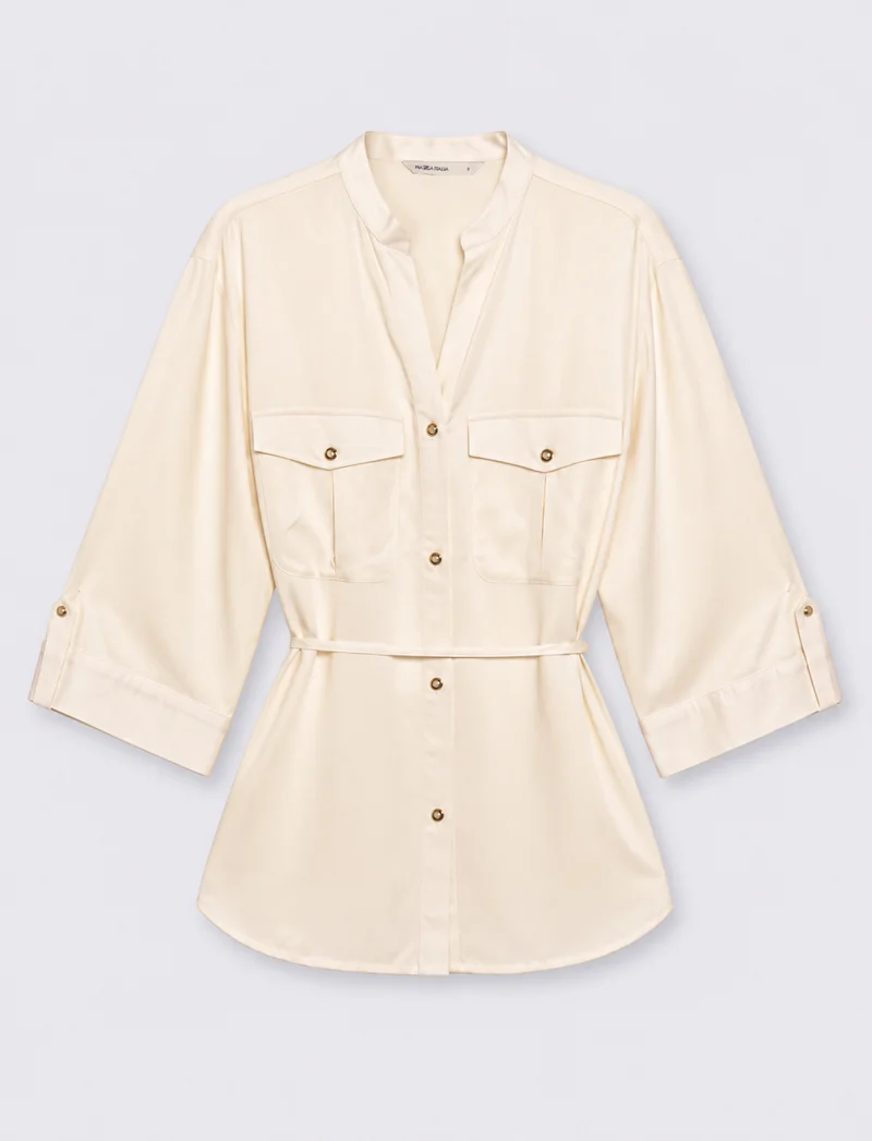 camicia manica lunga scollo a v - Avorio