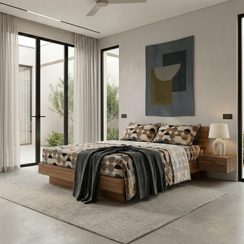 Completo Letto Matrimoniale in Cotone con Stampa Sjul Beige