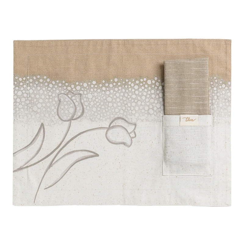 THUN® Tovaglietta Con Tovagliolo New Elegance - Fantasia Tulipani Tulips Beige
