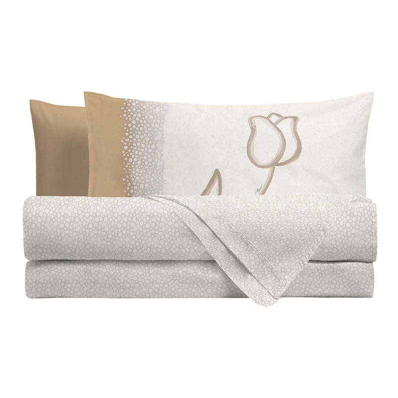 THUN® Completo Letto Piazza e Mezza New Elegance - Fantasia Tulipani Tulips Beige