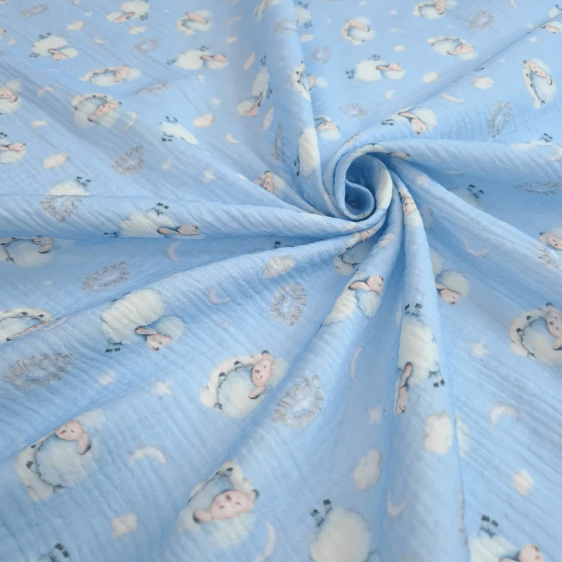 Mussola di Cotone Doppia Garza H 140 cm - PECORELLE DOLCI SOGNI/AZZURRO