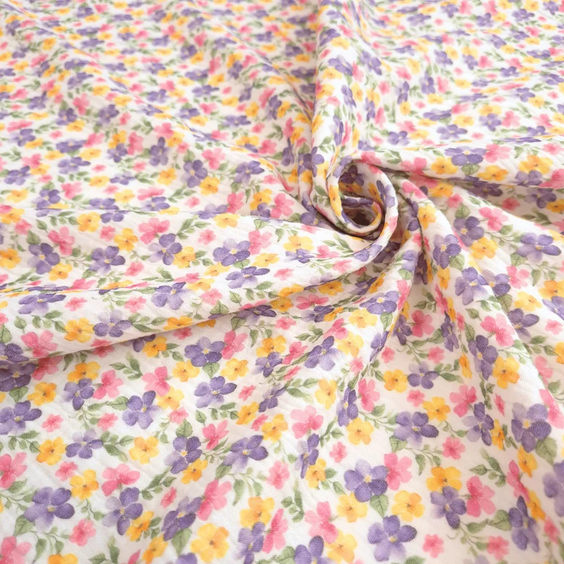 Mussola di Cotone Doppia Garza H 140 cm - FIORELLINI LILLA,ROSA E GIALLI/LATTE