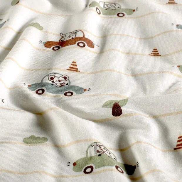 Jersey di Cotone Digital H 150 cm - PICCOLE AVVENTURE IN AUTO/LATTE