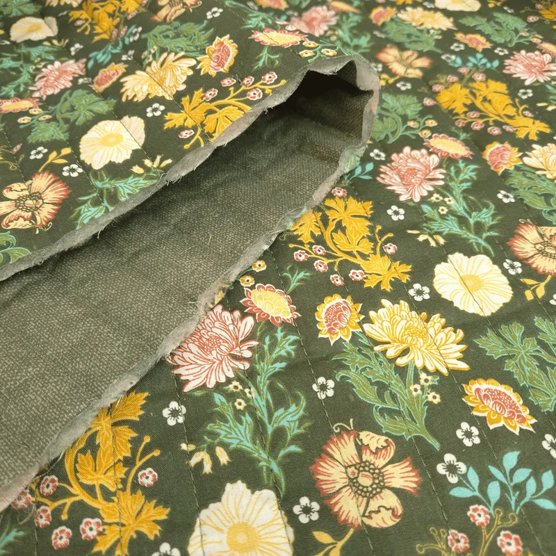 Trapuntato in tela di cotone double face H 140 cm - FIORI/VERDONE