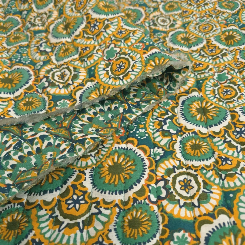 Trapuntato in tela di cotone double face H 140 cm - CERCHI IN FIORE/OTTANIO E SE