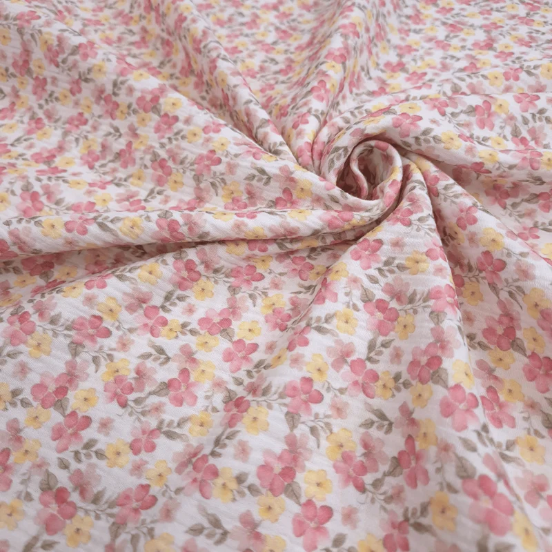 Mussola di Cotone Doppia Garza H 140 cm - FIORELLINI ROSA E GIALLI/LATTE