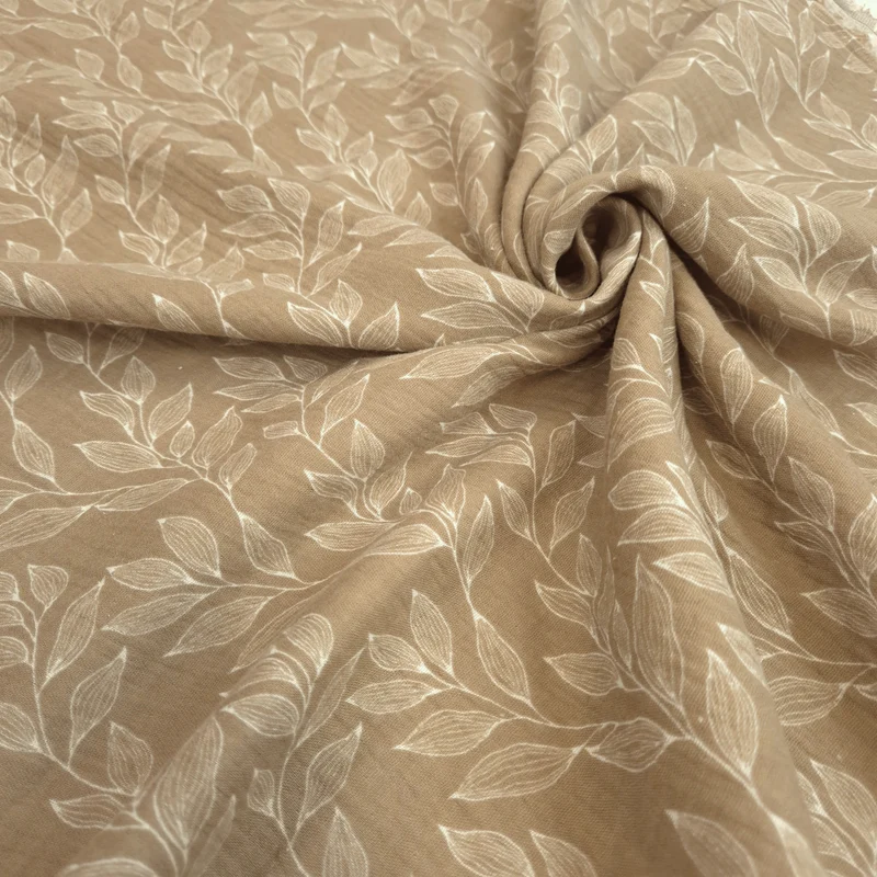 Mussola di Cotone Doppia Garza H 140 cm - FOGLIAME BIANCO/NOCCIOLA