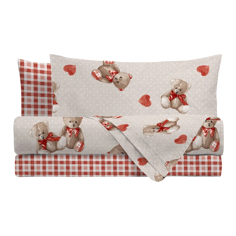 Completo Letto Singolo in Cotone con Stampa - Fantasia Softy Bear Orsetti Red