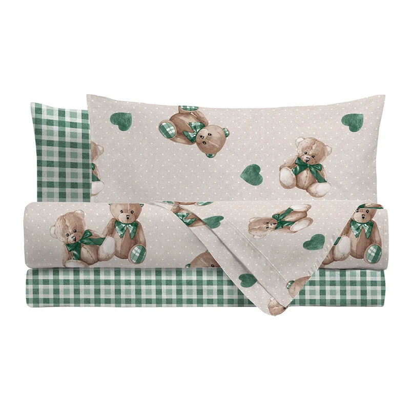 Completo Letto Piazza e Mezza in Cotone con Stampa - Fantasia Softy Bear Orsetti Green