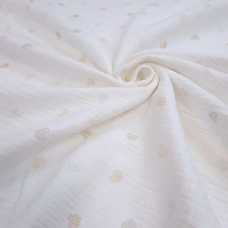 Mussola di Cotone Doppia Garza H 140 cm - CUORICINI BEIGE E TORTORA/LATTE