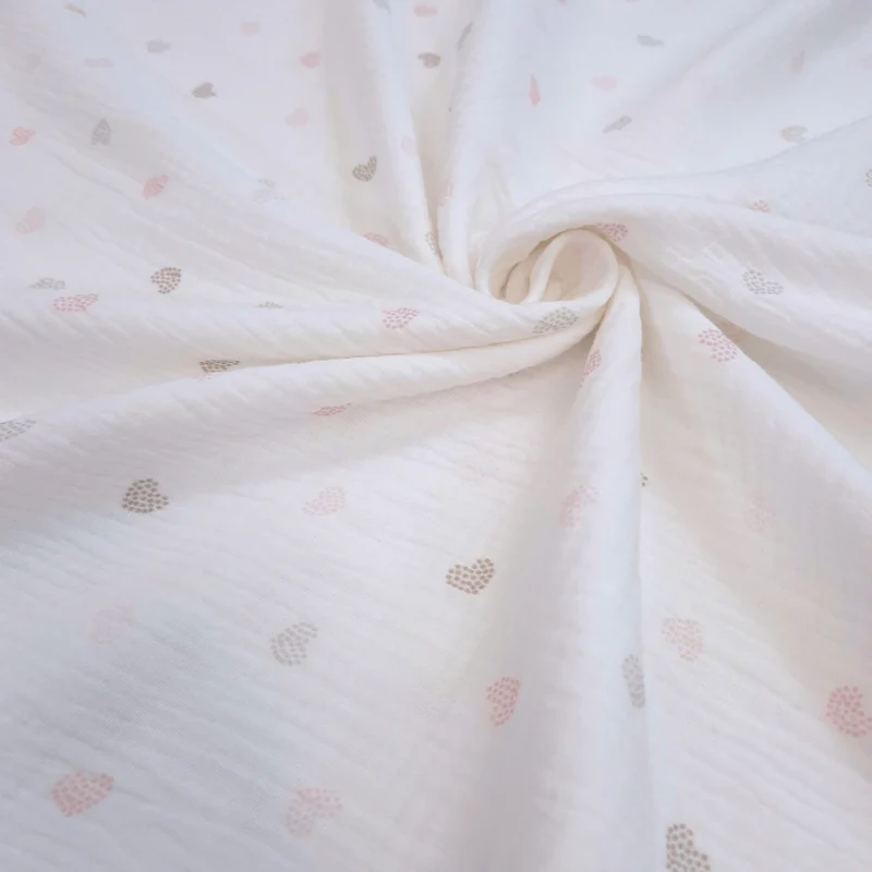 Mussola di Cotone Doppia Garza H 140 cm - CUORICINI ROSA E TORTORA/LATTE