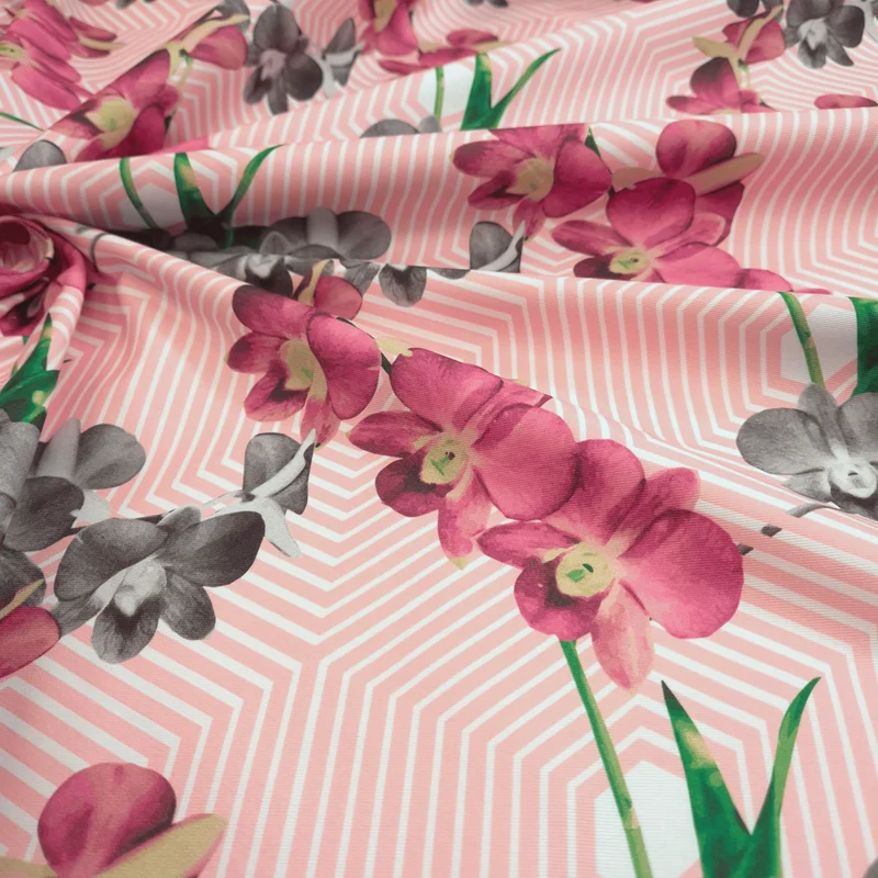 Cotone Fondo Panama Digital H 280 cm - ORCHIDEE/GEOMETRICO ROSA