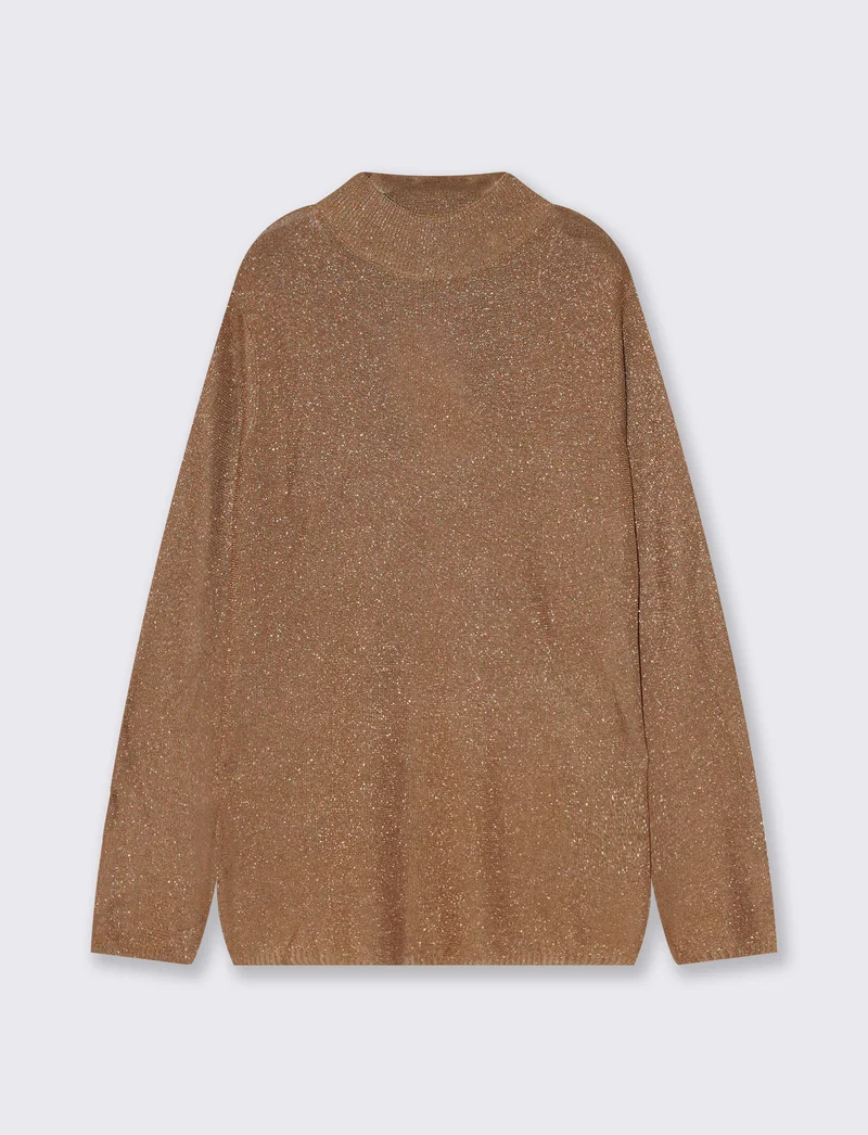 Pullover lungo collo lupetto con spacchi - Cammello