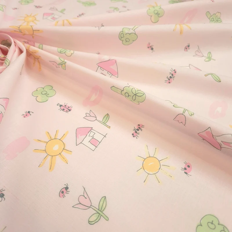 Tessuto Cotone H 160 cm - CASETTE IN PRIMAVERA/ROSA TENUE