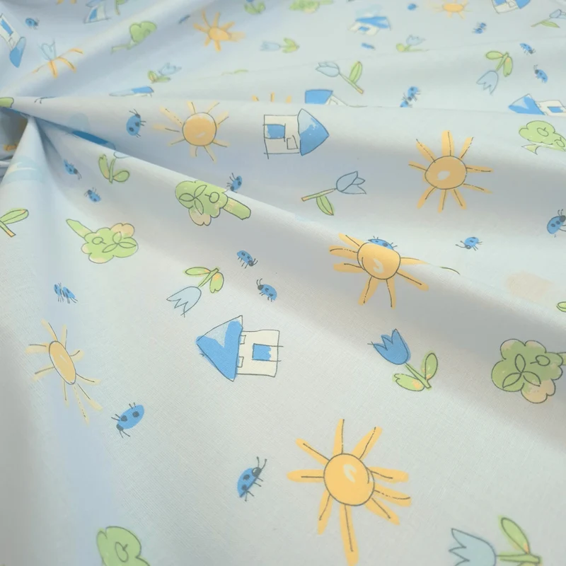 Tessuto Cotone H 160 cm - CASETTE IN PRIMAVERA/AZZURRO TENUE