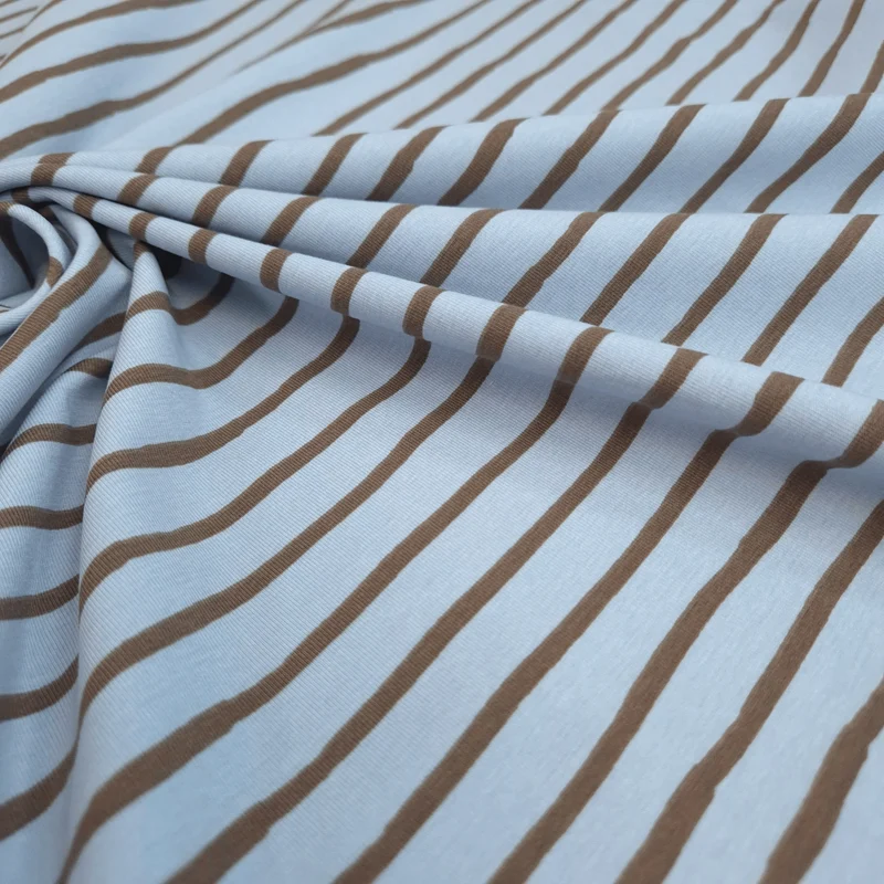 Jersey di Cotone Digital H 150 cm - STRISCE MARRONE/AZZURRO POLVERE