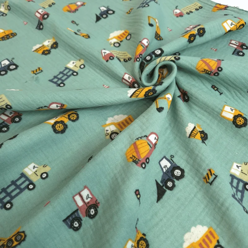 Mussola di Cotone Doppia Garza H 140 cm - BRUM BRUM/MENTA SCURO