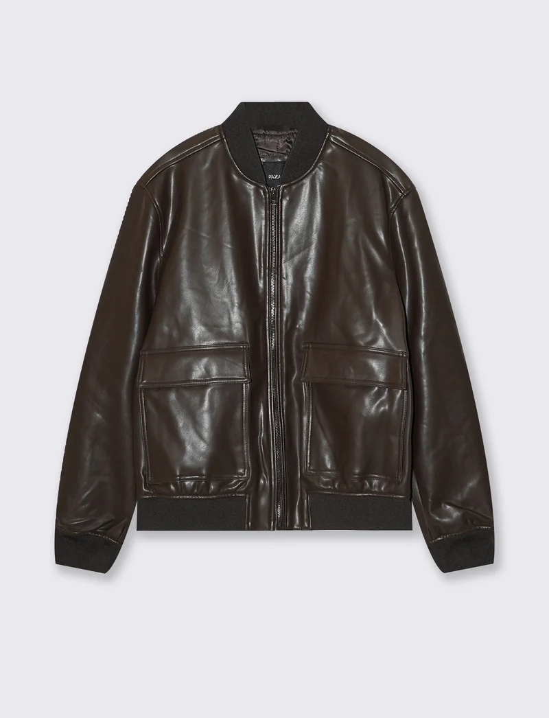 Giubbotto bomber effetto pelle con tasche - Moro