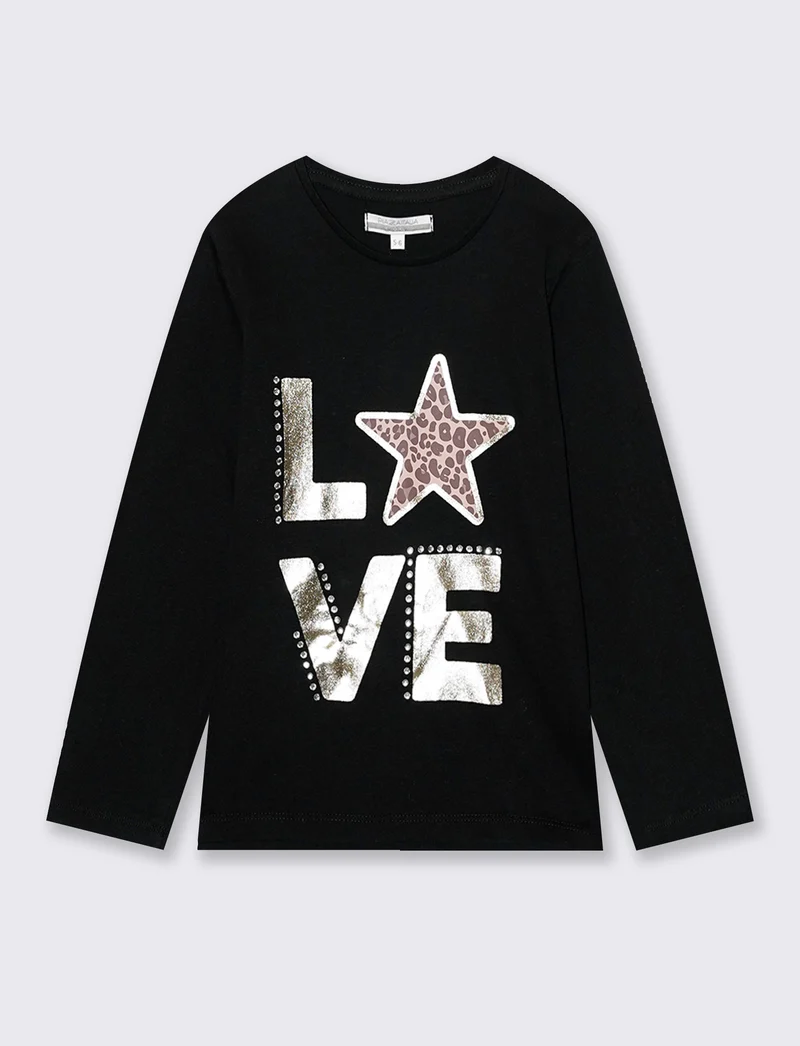 T-Shirt manica lunga con stampa colorata - Nero