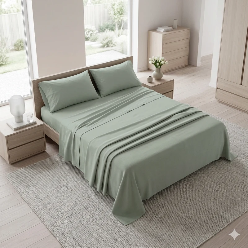 Completo Letto Matrimoniale in Cotone Atelier Fragrance Tinta Unita Sage Green