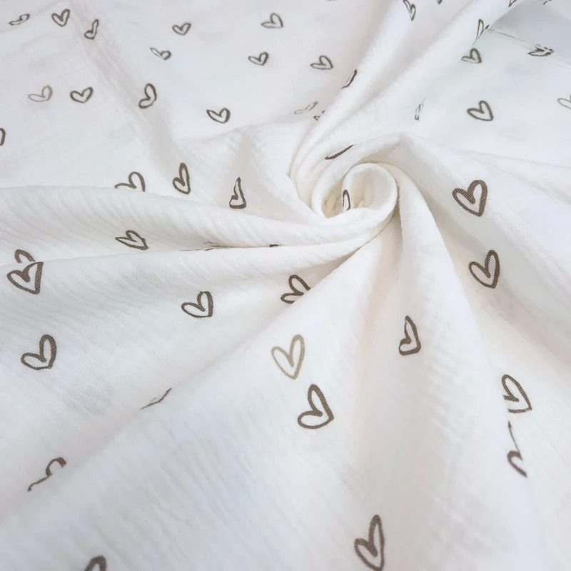 Mussola di Cotone Doppia Garza H 140 cm - CUORI FANGO E TORTORA/LATTE