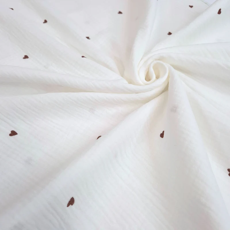 Mussola di Cotone Doppia Garza H 140 cm - CUORICINI MARRONI/LATTE