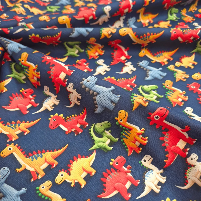 Tessuto Cotone Stampa Digitale 3D H 145 cm - DINOSAURI/BLU