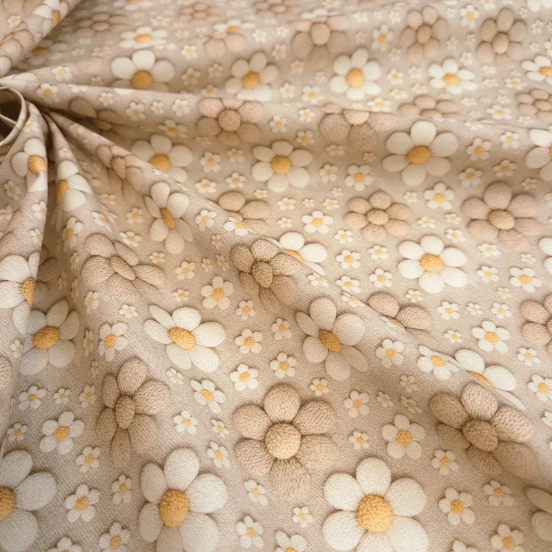 Tessuto Cotone Stampa Digitale 3D H 145 cm - FIORELLINI BEIGE E BIANCHI