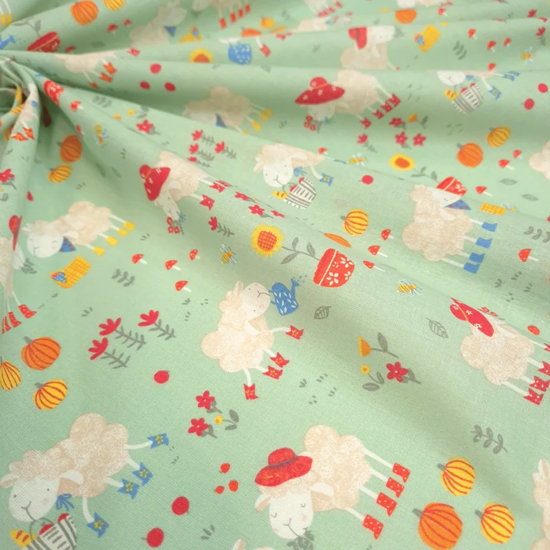 Tessuto Cotone H 140 cm - PECORELLE/MENTA CHIARO