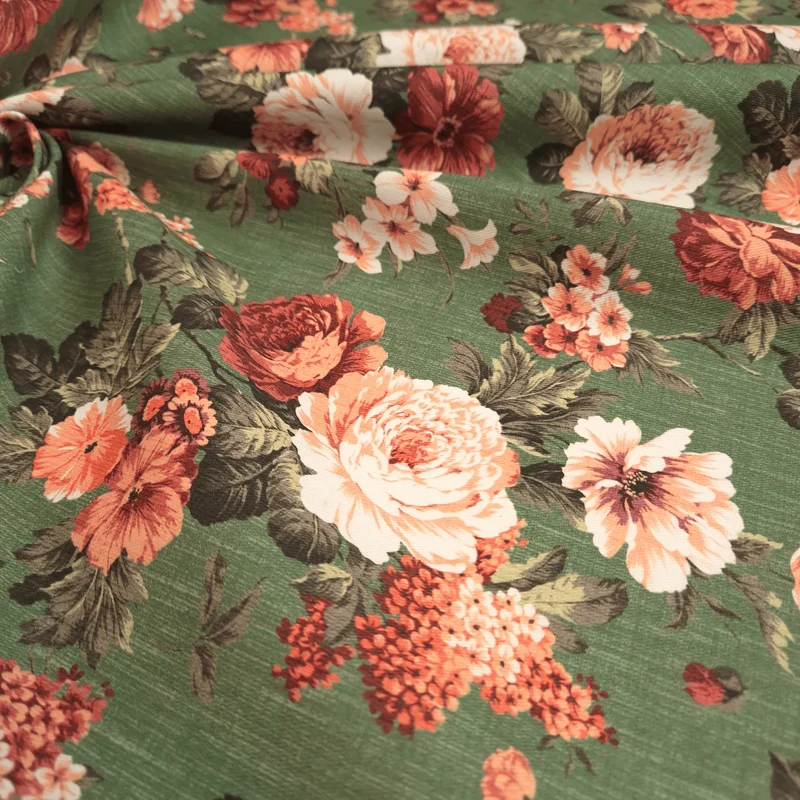 Cotone Fondo Panama Digital H 160 cm - FIORITURA RUGGINE/VERDE