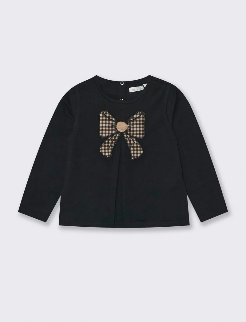 T-shirt girocollo con fiocco in contrasto - Nero