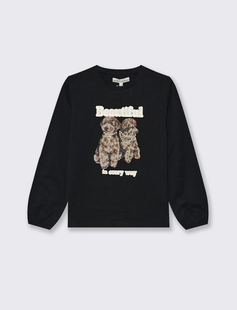 T-shirt manica lunga con stampa e accessori - Nero