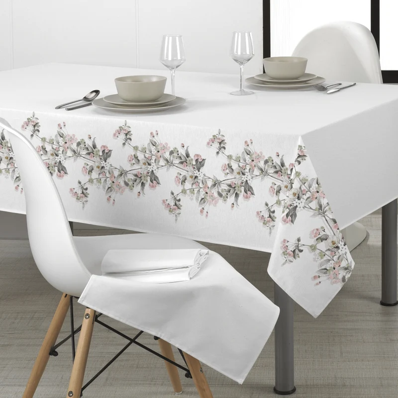 Tessuto per Tovaglie con abbassamento H 160 cm - FIORI DELICATI BIANCHI E ROSA