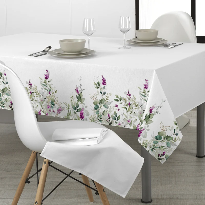 Tessuto per Tovaglie con abbassamento H 160 cm - EUCALIPTO E FIORI FUCSIA