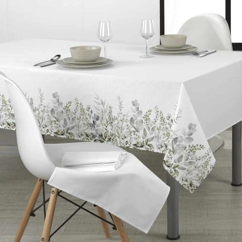 Tessuto per Tovaglie con abbassamento H 160 cm - EUCALIPTO E FIORI BIANCHI