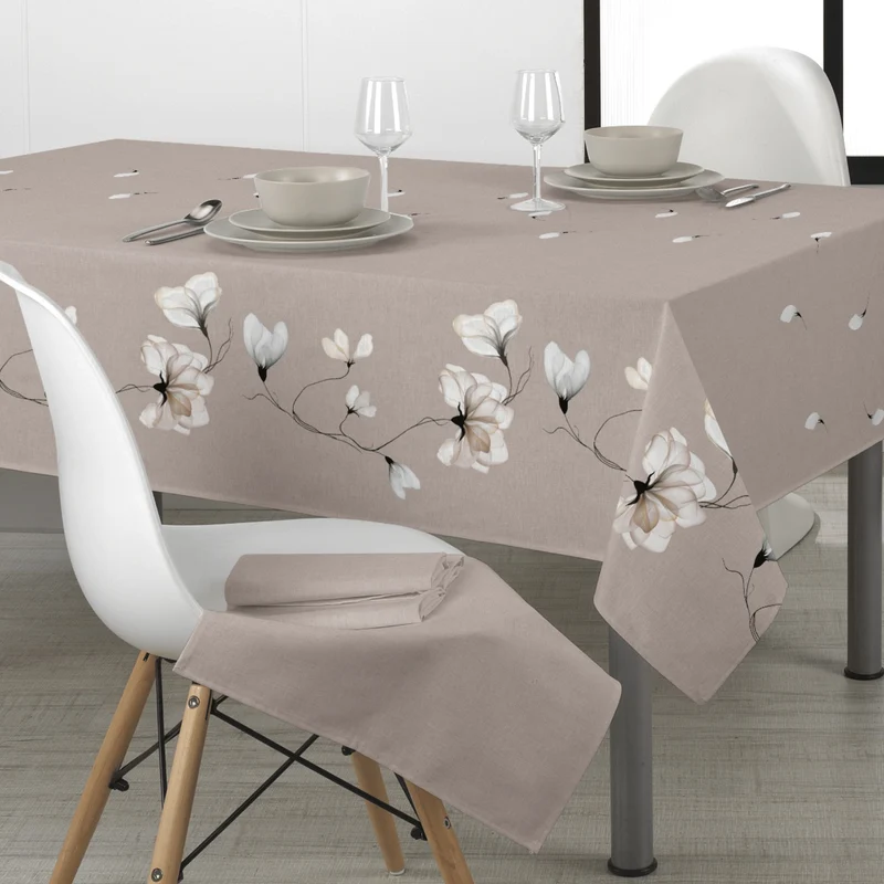 Tessuto per Tovaglie con abbassamento H 160 cm - FIORI DELICATI/TORTORA CALDO