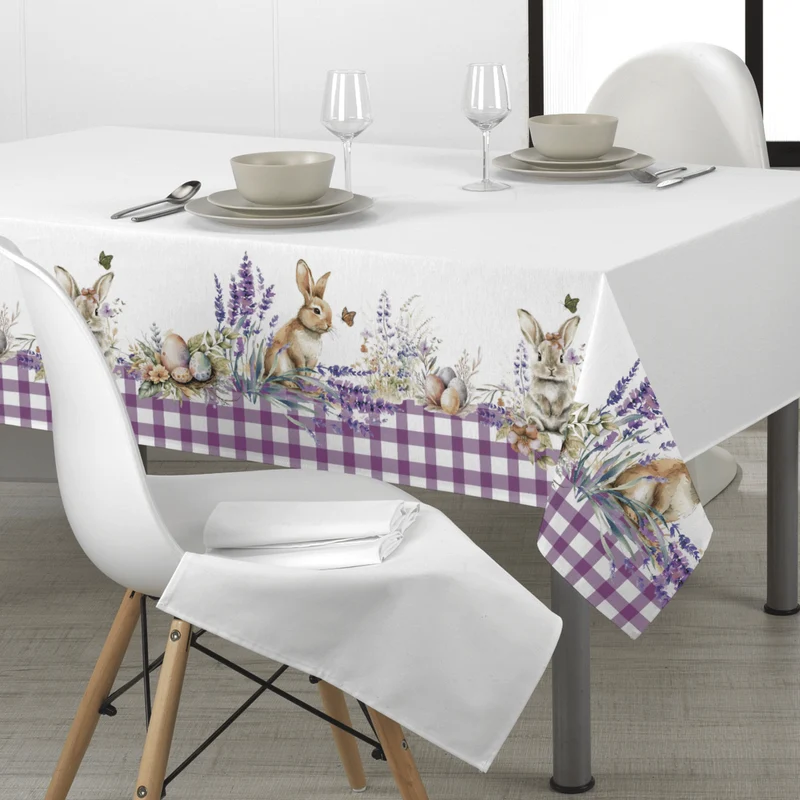 Tessuto per Tovaglie con abbassamento H 160 cm - CONIGLIETTI/QUADRETTI VIOLA
