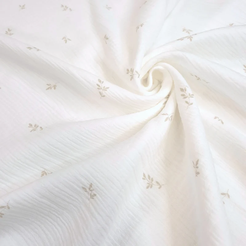 Mussola di Cotone Doppia Garza H 140 cm - FOGLIOLINE BEIGE/LATTE