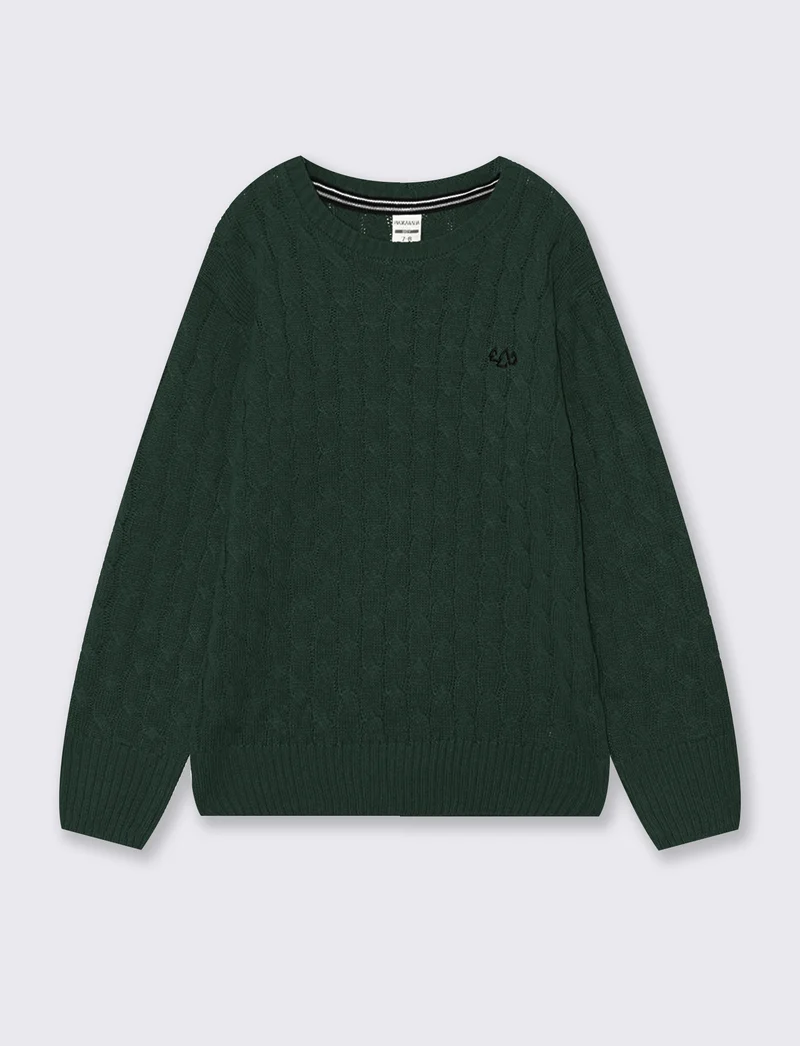 Maglia girocollo a treccia manica lunga - Verde abete