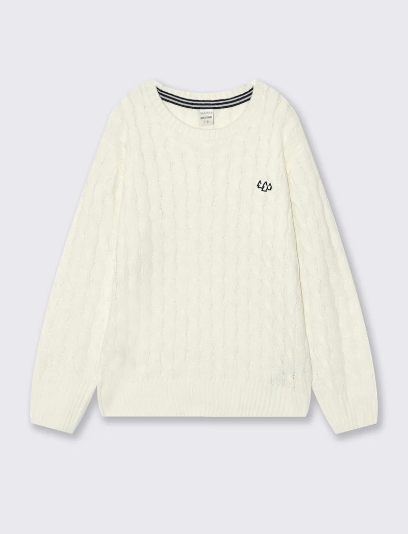 Maglia girocollo a treccia manica lunga - Bianco latte
