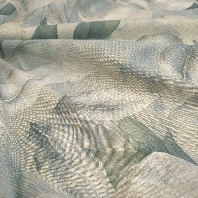Cotone Fondo Grezzo H 280 cm - FOGLIE AZZURRO POLVERE