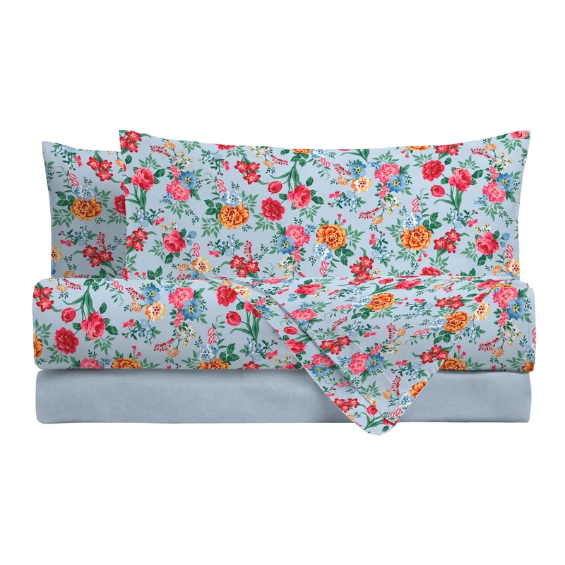 Completo Letto Singolo in Cotone con Stampa - Fantasia Secret Garden Debby Light Blue
