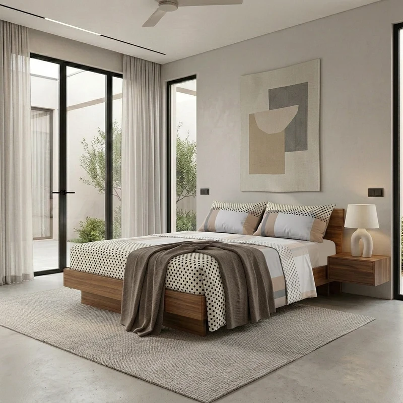 Completo Letto Matrimoniale in Cotone con Stampa Kiljan Beige