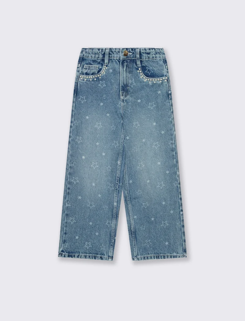 Jeans gamba larga denim chiaro con stampa - Denim